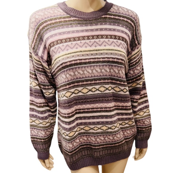 Vintage Man Striped Round Neck Sweater Size M Long Sleeves gold threads - Picture 1 of 9